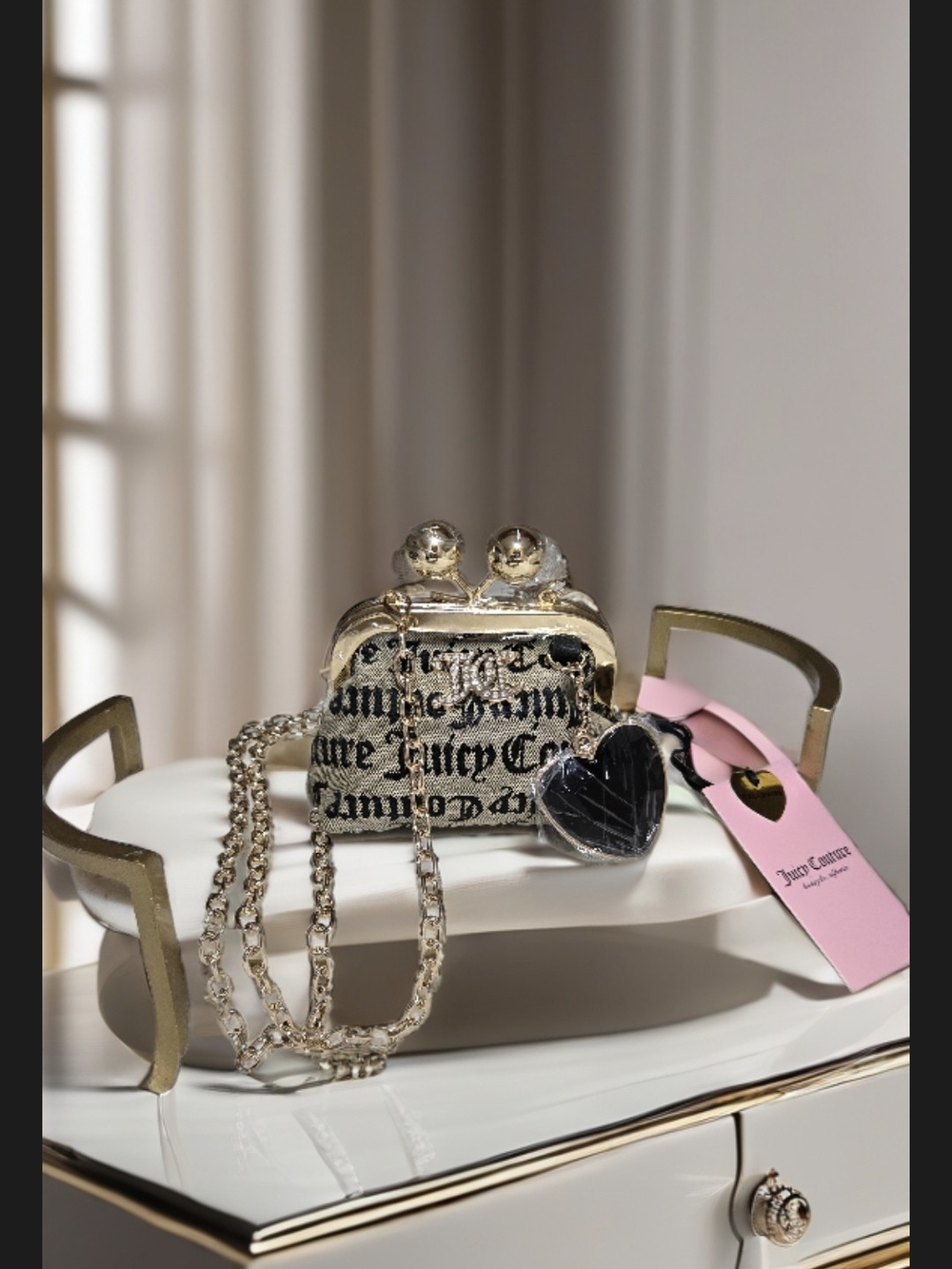 Juicy Couture Black Script Mini Kiss-lock Crossbody Bag with Heart Charm